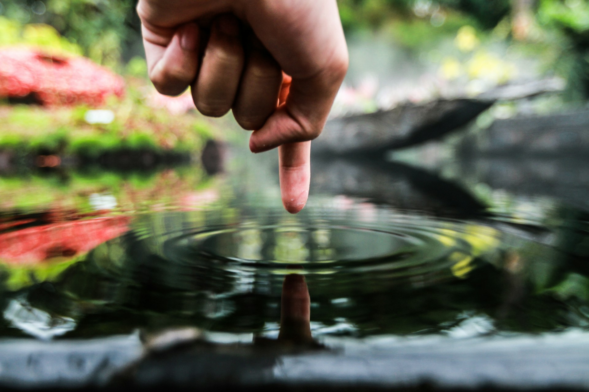 Ein Finger schwebt über der Wasseroberfläche eines ruhigen Sees inmitten der Natur. Im Wasser ziehen sich Kreise.